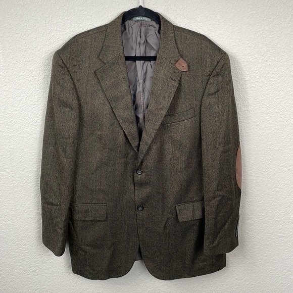 Oscar de la Renta Elbow Patch Sport Coat Blazer Wool Herringbone Plaid 44R - Picture 1 of 11